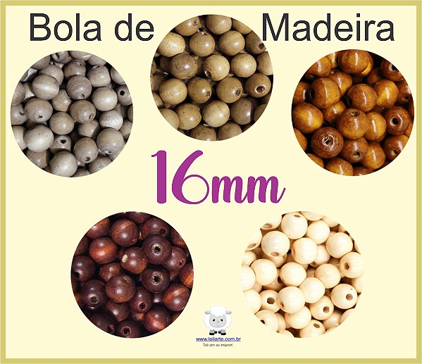 Bola de Madeira (Missanga, Miçanga, Entremeio, bola macramê) - 16mm - Pacote com 10 unidades da mesma cor