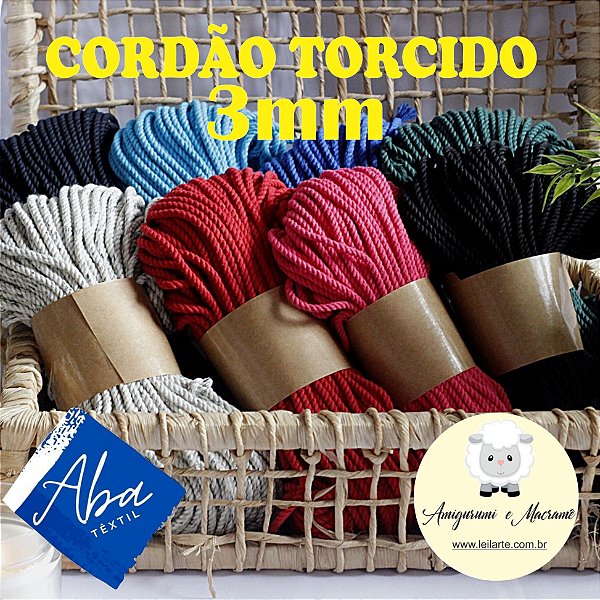 3mm - Cordão Barcelona  - Torcido - Aba Textil -  100% algodão -  Rolo com 50 metros