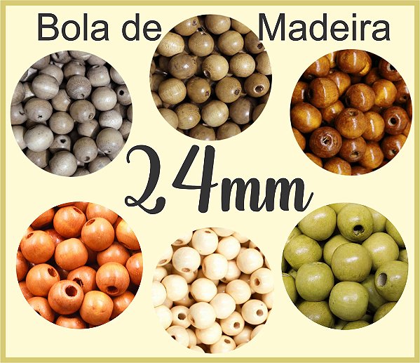 Bola de Madeira (Missanga, Miçanga, Entremeio, bola macramê) - 24mm - Pacote com 10 unidades da mesma cor