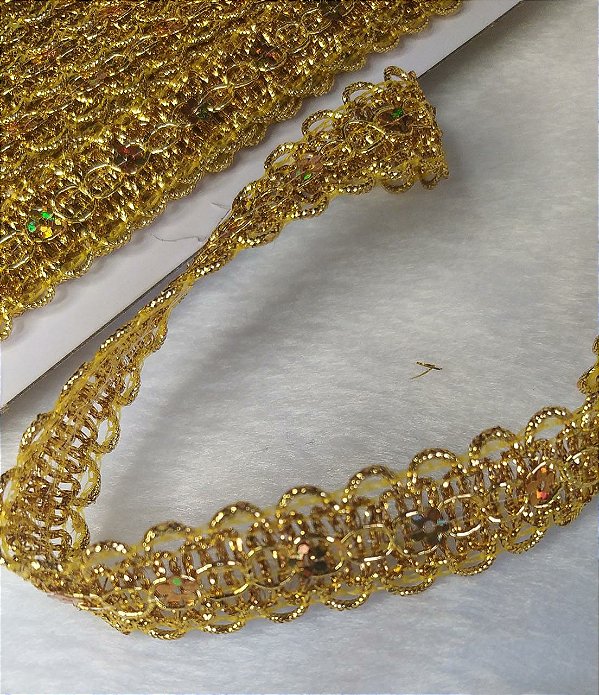 Passamanaria Dourada com lantejoula florzinha - 25mm (2.5cm) - REF: 29046 - (Venda por metro)