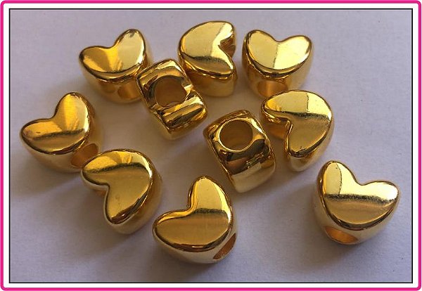 Entremeio - Passante  Coração Dourado - Tamanho 15 mm X 12 mm - Furo Largo - (Pacote com 10 unidades)