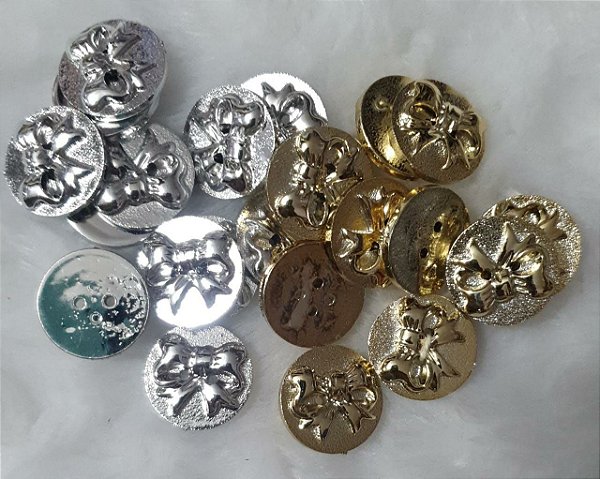 Botão Medalha Laço - Dourado ou Prateado - Tamanho: 20 mm - embalagem com 6 unidades da mesma cor