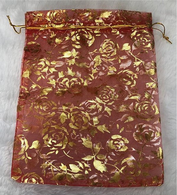 Saco de Organza Vermelho com estampa Dourada - Tamanho: 15 X 19 cm