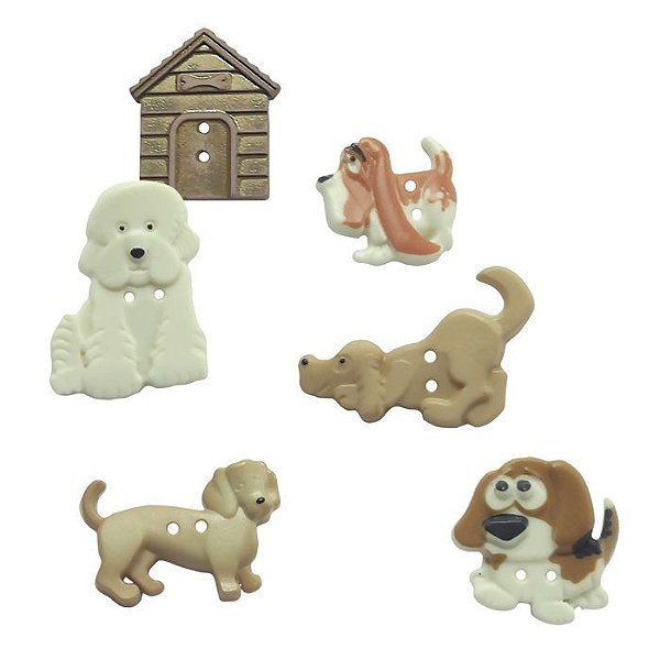 Botões com dois furos cachorros e casinha - Kit com 6 botões - Tamanhos variados