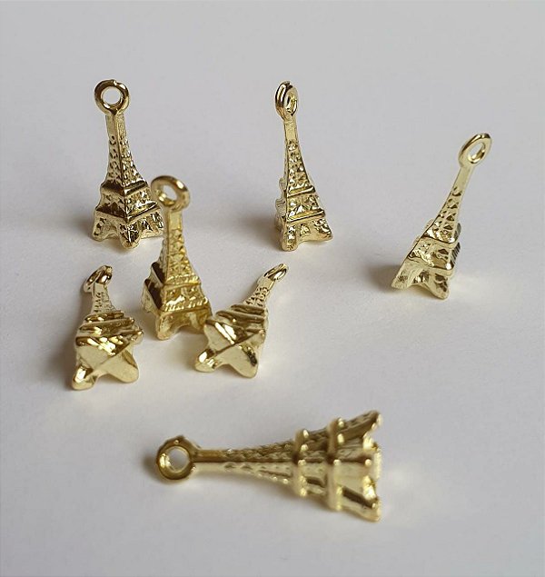 Pingente de metal dourado Torre Eiffel   - 19mm d altura - Embalagem com 3 unidades