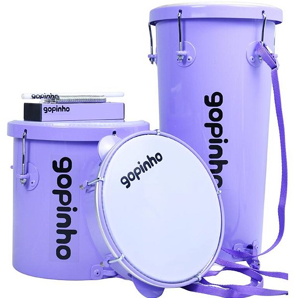 Kit Percussão Gopinho Reels Lilás Pandeiro, Rebolo, Repique e Reco Infantil