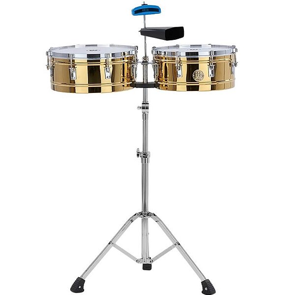 Timbales Williams Steel 14" e 15x6" Dourado c/ Cowbell, Block e Suporte
