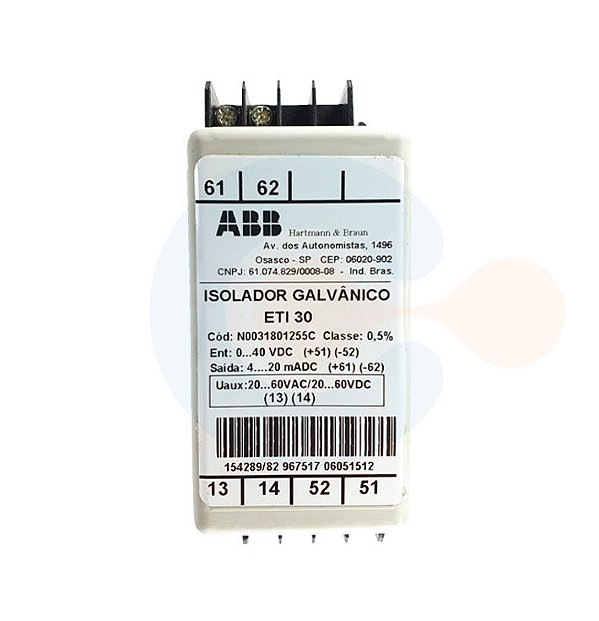 Transdutor de Tensão CC ETI30 0 a 40 VDC/ 4 a 20 mADC/ ALIM 20 A 60VAC/ 60VDC