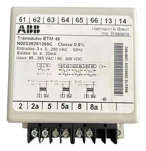 Transdutor de Tensão CA ETM45 3x 0 a 250V/3x 4 a 20mA/ Alim 85 a 265VVAC/90 a 300VDC Classe 0,5%