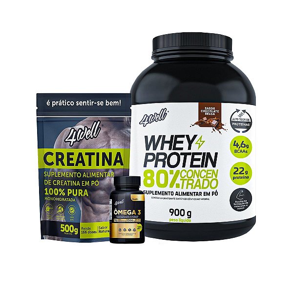 Kit Whey Protein Pote 900g Chocolate Belga +Creatina 500+ Ômega 3