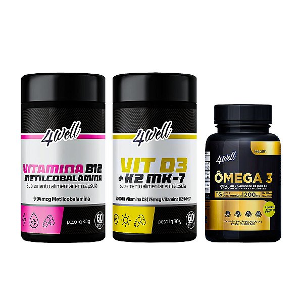 Kit Vitaminas Essenciais Ômega 3 + Vitamina D3 + K2 + Vitamina B12