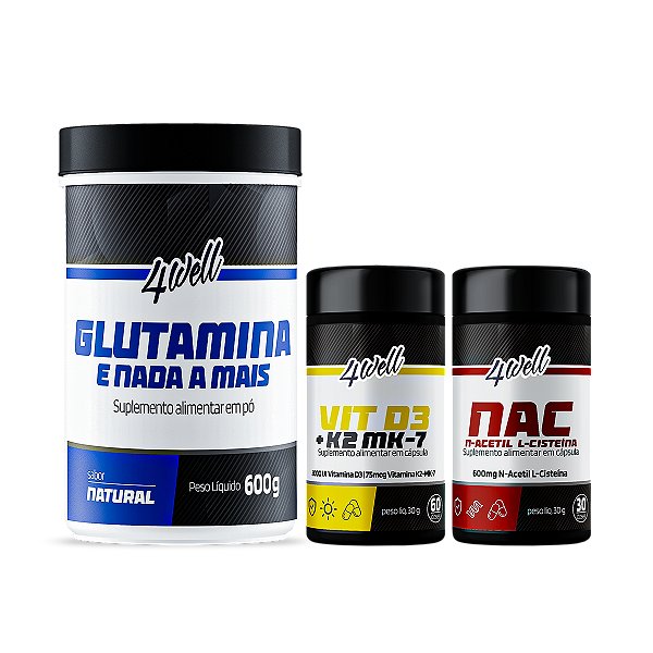 Kit Saúde e Imunidade L-Glutamina 600g + NAC + Vitamina D3 + K2
