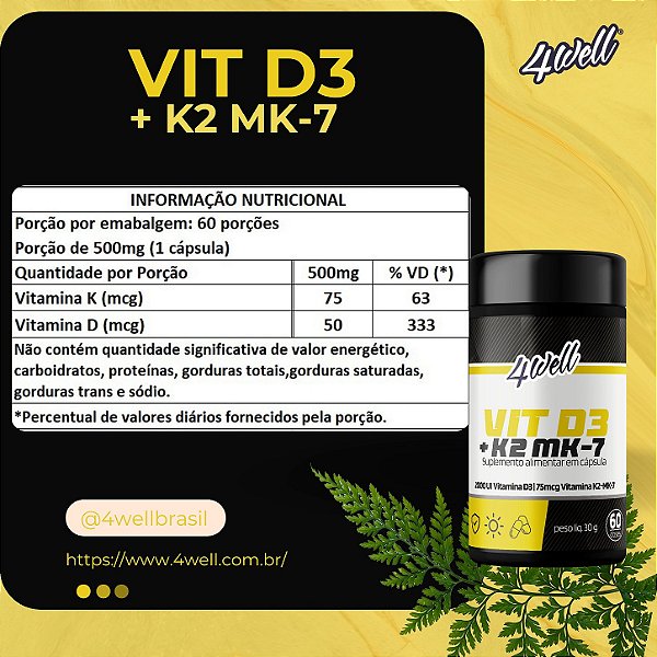 Vitamina D3(Colecalciferol 2.000ui) + K2(menaquinona-7 ) 4well - 60 cápsulas - Combo 2 Potes