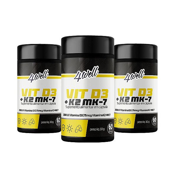 Vitamina D3(Colecalciferol 2.000ui) + K2(menaquinona-7 149mcg) 4well - 60 cápsulas - Combo 3 Potes