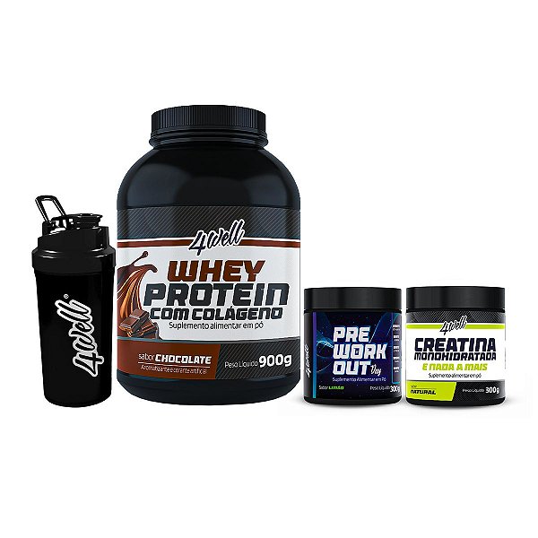 Kit Ganho de Massa Whey Protein 900g + Creatina 300g + Pré-Treino 300g Limão + Coqueteleira