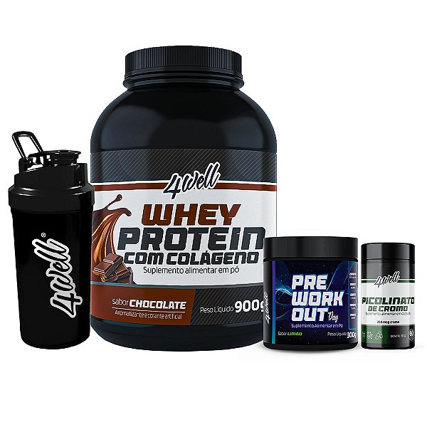 Kit Definição Máxima Whey Protein 900g + Picolinato de Cromo + Pré-Treino 300g Limão + Coqueteleira