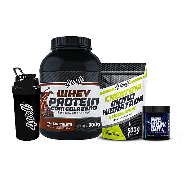 Kit Ganho de Massa Whey 900g + Creatina 500g + Pré-Treino 300g Limão + Coqueteleira