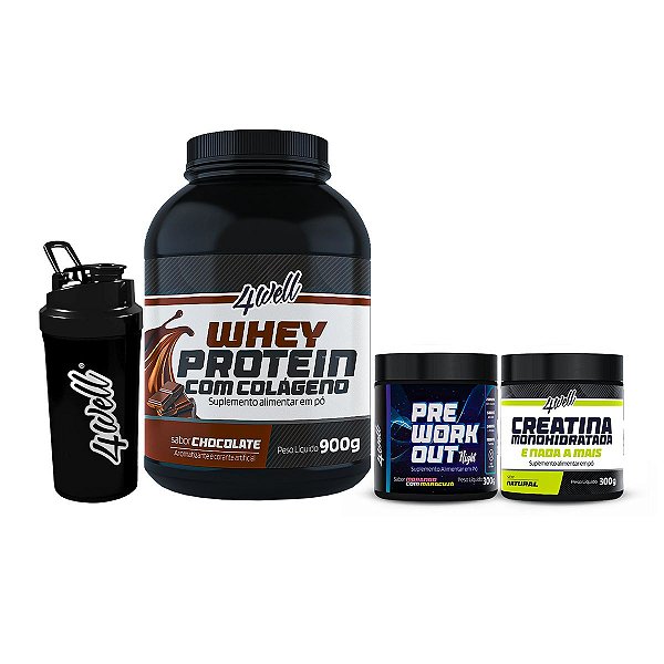 Kit Treino Noturno Whey Protein 900g + Creatina 300g + Pré-Treino 300g Sem Cafeína + Coqueteleira