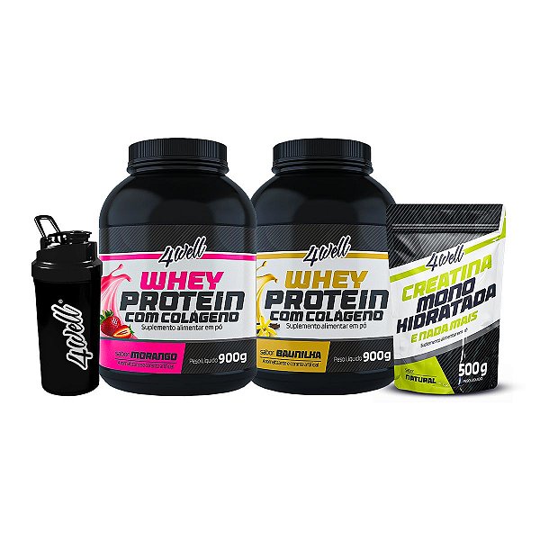 Combo 2x Whey Protein - Sabor Morango e Baunilha 900g + Creatina 500g + Coqueteleira - 4well