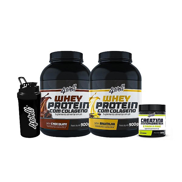 Combo 2x Whey Protein - Sabor Chocolate e Baunilha 900g + Creatina 300g + Coqueteleira - 4well