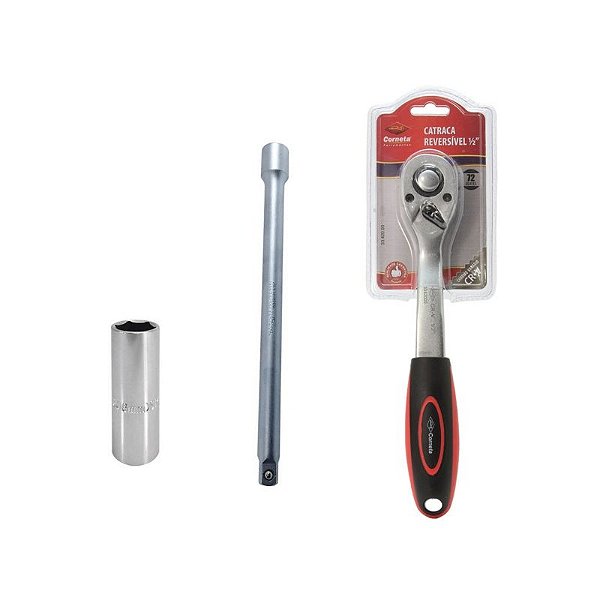 Catraca Reversível 1/2 + Extensão 1/2 x 10 e Soquete 16mm - 90mm