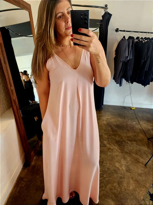 Vestido longo c pinça feminina no tecido viscolinho rosa BB