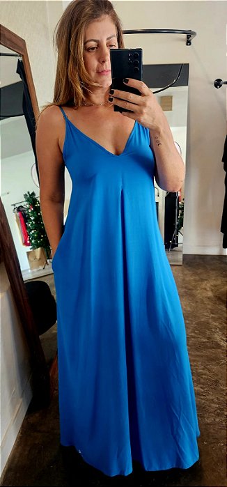 Vestido longo c pinça feminina no viscolinho azul