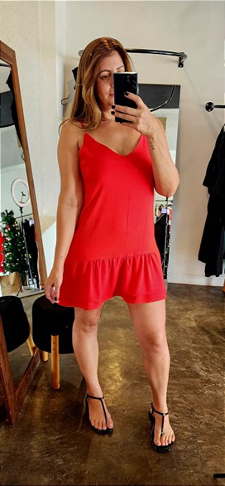 Vestido curto c/Regulador em  Viscolinho Vermelho c Babado