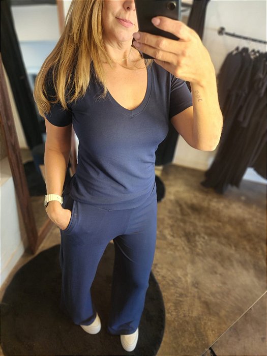 Calça pantalona moletinho de visc Azul Marinho