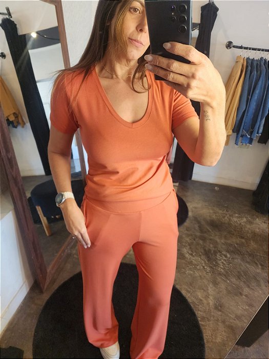 Camiseta moletinho de viscose gola V telha