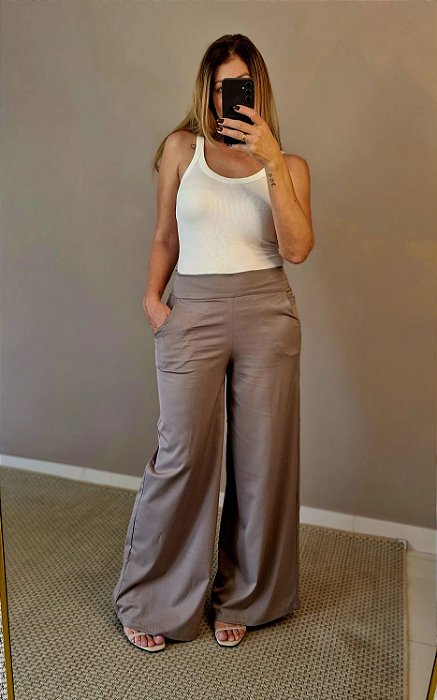 Calça pantalona de viscose c elastano cinza