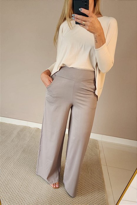 Calça pantalona de viscose c elastano cinza