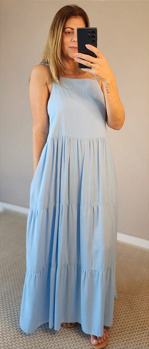 Vestido longo em camadas, alça c amarração azul bb