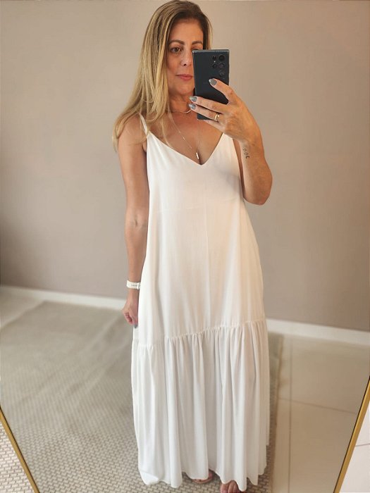 Vestido longo em viscolinho c babado off white