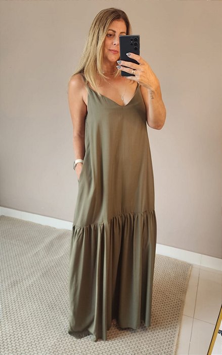 Vestido longo em viscolinho c babado verde