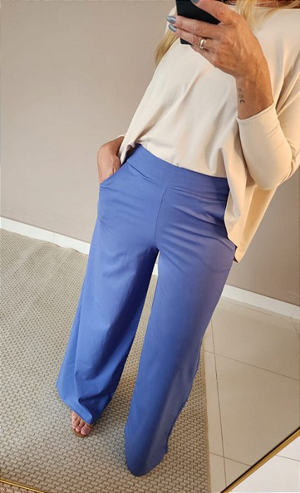 Calça pantalona de viscose c elastano azul