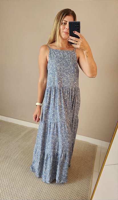Vestido longo em camadas c regul quadriculado azul