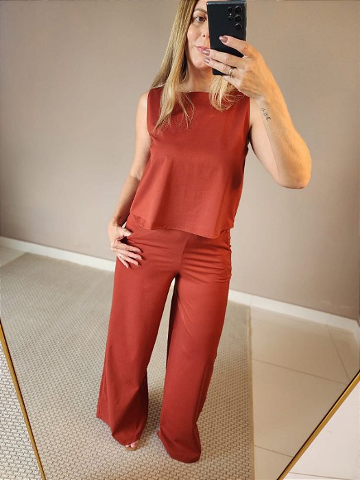 Calça pantalona de viscose c elastano terra