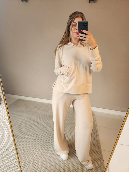Blusa moletinho com capuz de viscose bege