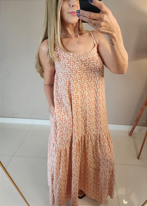 Vestido longo camadas alça amarração floral laranj