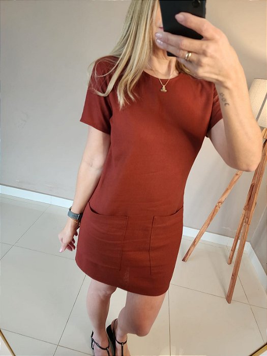Vestido retro no linho com bolsos na cor terra