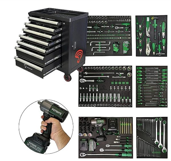 Carro Carrinho de Ferramentas Completo Potente Brasil 306 Peças C/ Chave de Impacto 900 N.M