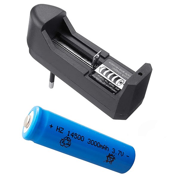 Bateria 3,7v 1200mA ICR 14500 de Lítio Recarregável + Carregador
