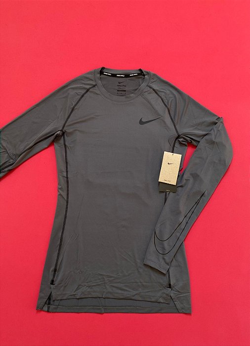 Camiseta Nike Dri Fit Pro Manga Longa Cinza