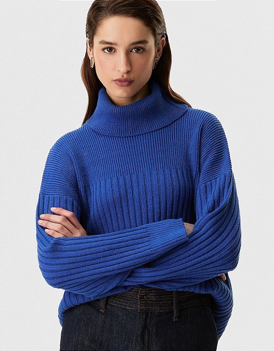 Blusa Tricot Canelada Gola Alta Azul