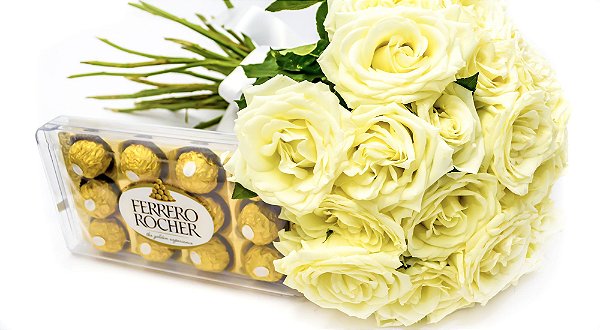 Kit Buquê de Rosas Brancas médio + Ferrero Rocher