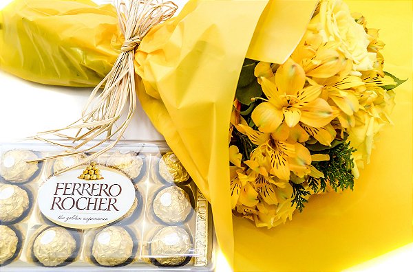 Kit Buquê de Rosas e Astromélias + Ferrero Rocher