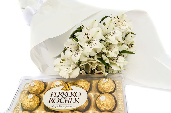 Kit Buquê Lealdade Astromélias Brancas + Ferrero Rocher