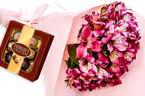 Kit Buquê Romance de Astromélias Rosas + Ferrero Rocher