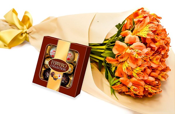 Kit Buquê Alegria de Astromélias Laranjas + Ferrero Rocher